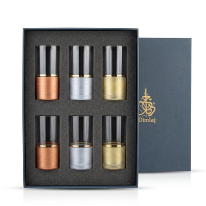 Dimlaj 6-Piece Glass Set – Textured Drinking Tumblers with Gold Bands in Mixed Metallic Tones, Presented in a Gift Box