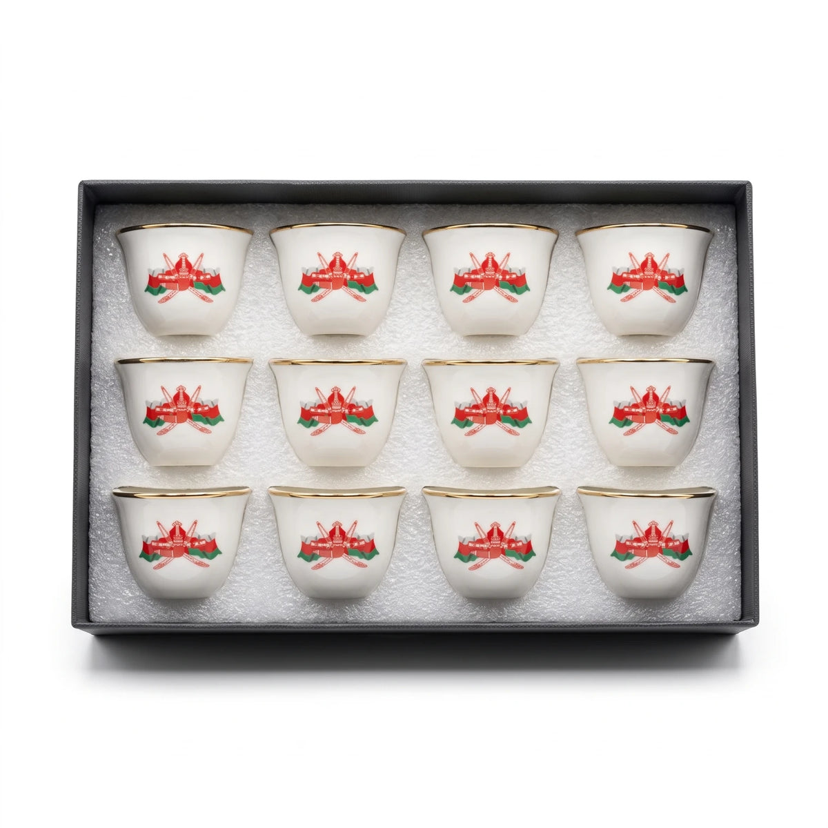 Pilsco 12-Piece Arabic Coffee Cup Set – White Small Drinking Cups with Gold-Colored Rims, Red and Green Emblems, Boxed Serving Set