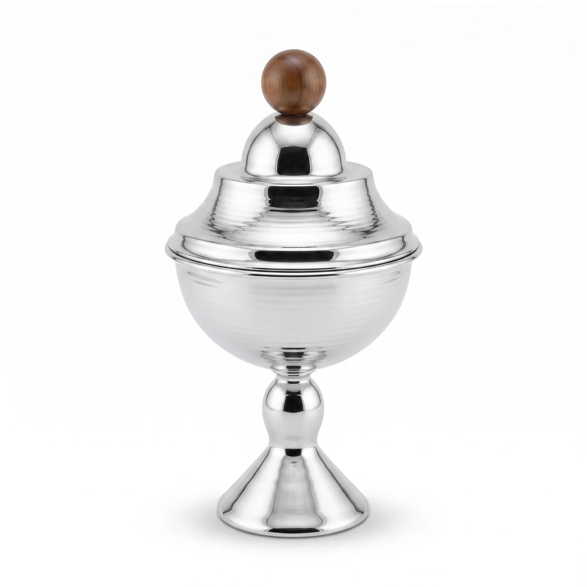 Silver Metal Sugar Bowl with Pedestal Base and Wooden Knob – 24cm Decorative Tabletop Sugar Container