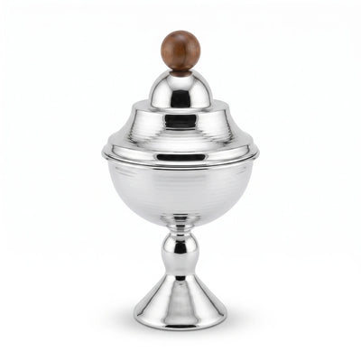 Silver Metal Sugar Bowl with Pedestal Base and Wooden Knob – 24cm Decorative Tabletop Sugar Container