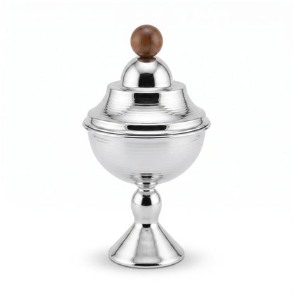 Silver Metal Sugar Bowl with Pedestal Base and Wooden Knob – 24cm Decorative Tabletop Sugar Container
