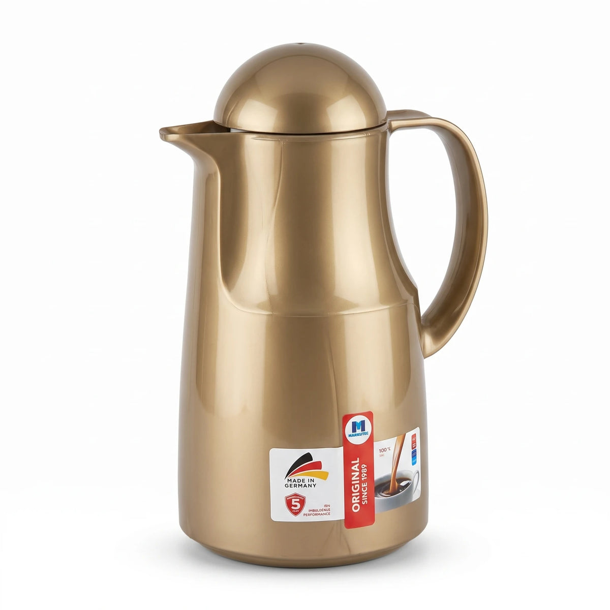 Markutec Vacuum Flask 1 Liters Gold – Plastic Body, Leak Proof, Keeps Tea and Coffee Hot or Cold