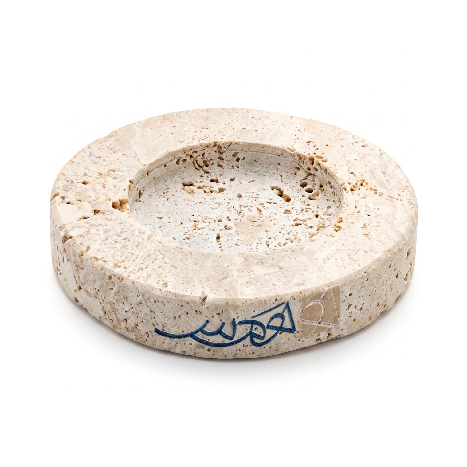 Round Natural Travertine Stone Dish – 8 x 8 x 2 cm | Recessed Center | Rustic Decorative Dish