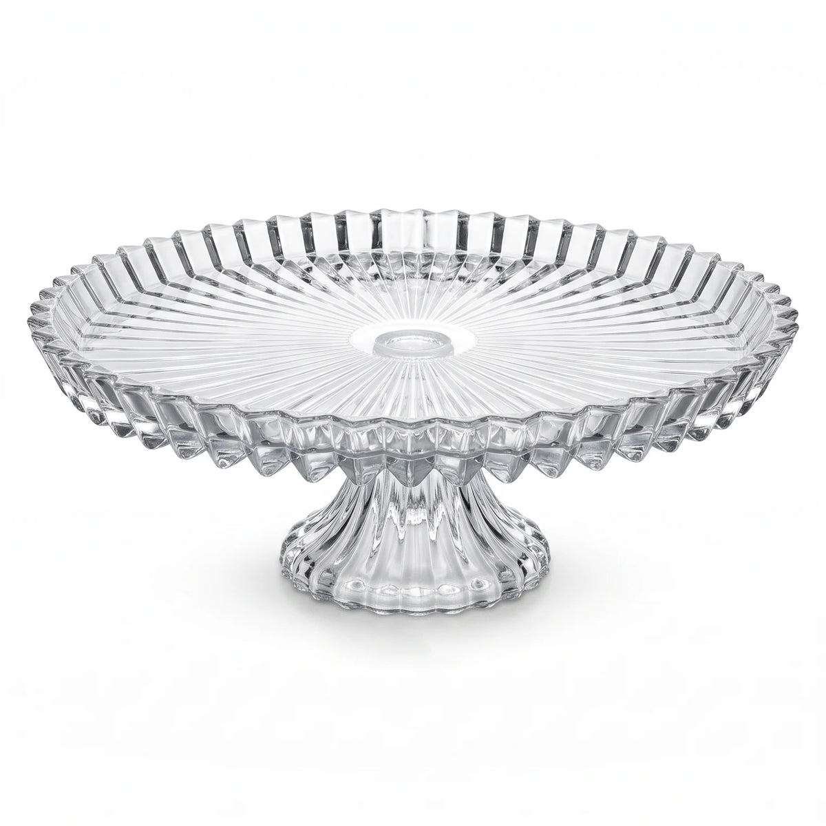 Glass Decorative Pedestal Cake Stand – 29cm Fluted Starburst Rim | 9cm Height | 10cm Base | Dessert Display