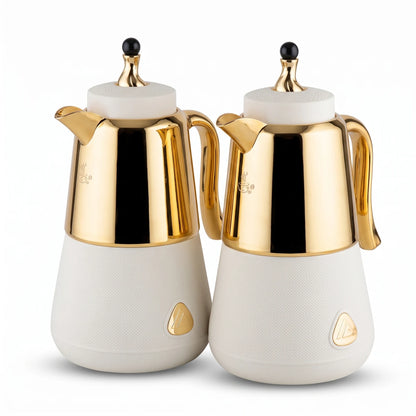 LALOZA 2-Piece White Textured Gold Premium Vacuum Flask Set – 1.0L + 1.0L | Leak-Proof Tea and Coffee Serving Flasks
