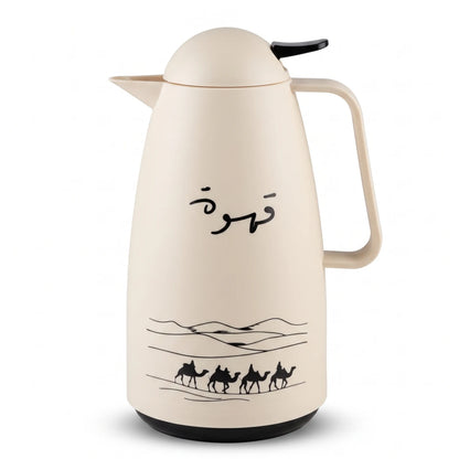 Crystal House 1L Cream Vacuum Flask – Plastic Body | Pink Glass Interior | Leak-Proof Tea & Coffee Flask with Qahwa Calligraphy