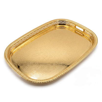 M.E.W Luxury Metal Serving Tray with Mirrored Center – Small, Medium or Large | Silver or Gold | Engraved Greek Key Border - Gold / Medium - Image 1
