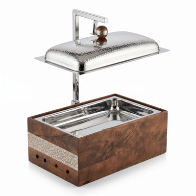 Dallah Addar Luxury Rectangular Wooden and Steel Chafing Dish – 48 x 24 x 39cm | Decorative Serving Piece with Ornamental Detail