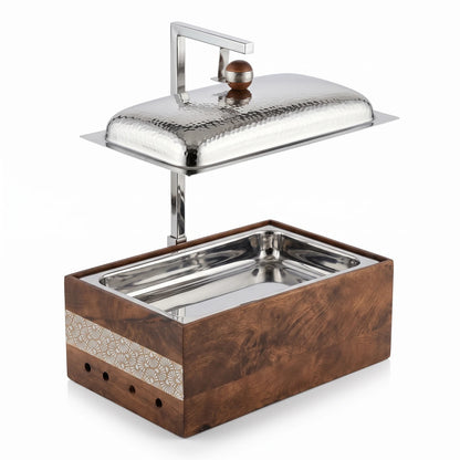 Dallah Addar Luxury Rectangular Wooden and Steel Chafing Dish – 48 x 24 x 39cm | Decorative Serving Piece with Ornamental Detail