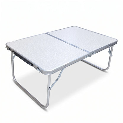 Aluminium Alloy Foldable Mini Camping Table – 60 x 40 x 26 cm | White Patterned Top, Silver Frame and Folding Legs