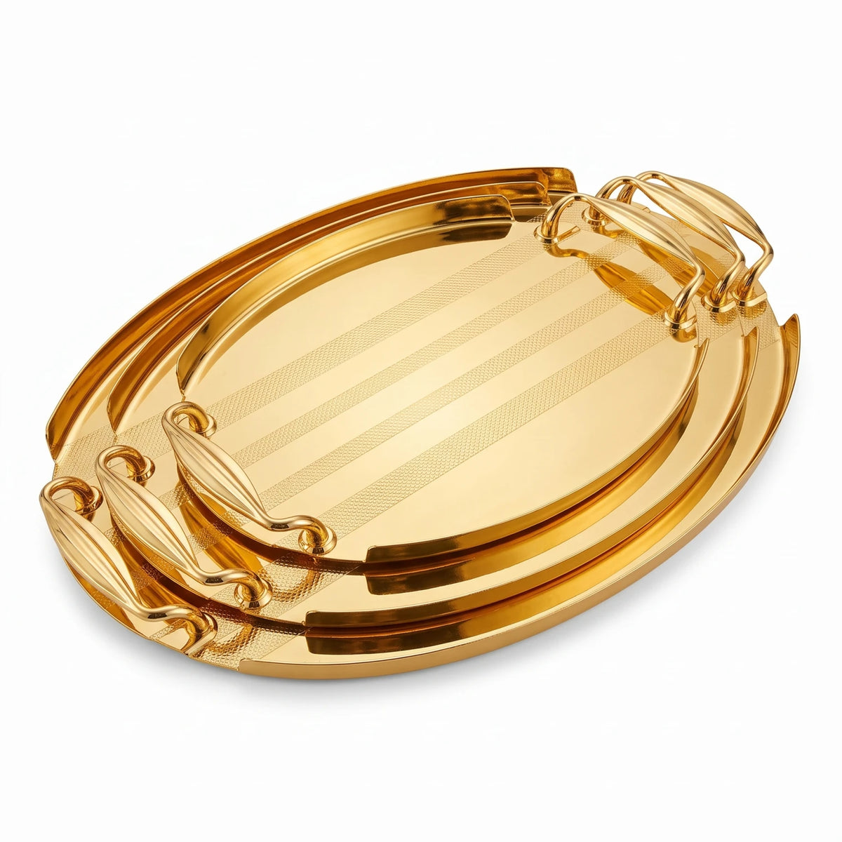Ansa 3-Piece Glossy Golden Oval Metal Serving Tray Set | Textured Handles and Striped Surface Patterns
