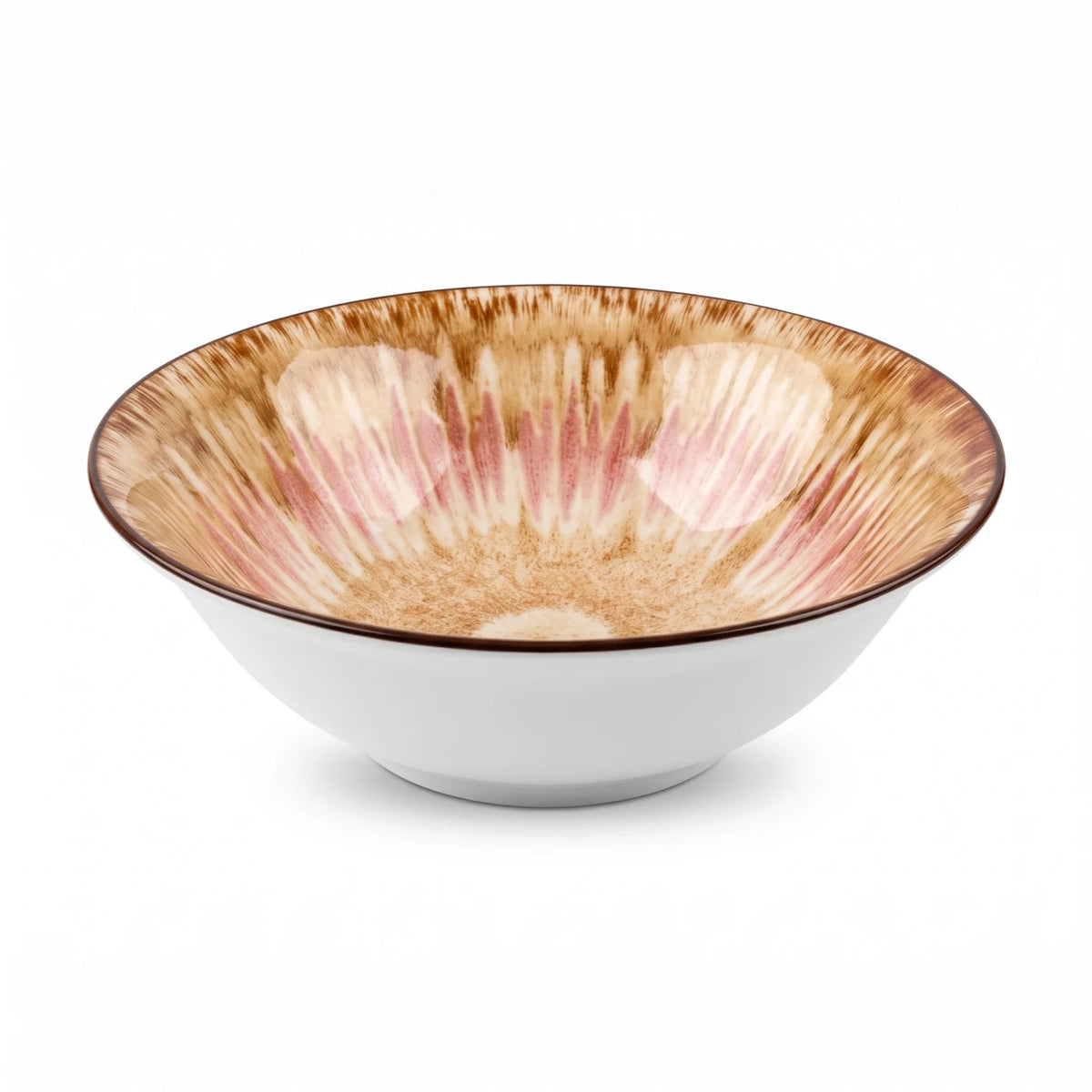 20 CM Porcelain Bowl – Wide Shallow Design with Glossy Beige, Pink and Brown Radial Pattern