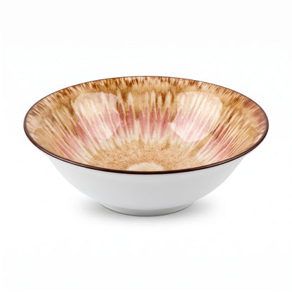 20 CM Porcelain Bowl – Wide Shallow Design with Glossy Beige, Pink and Brown Radial Pattern