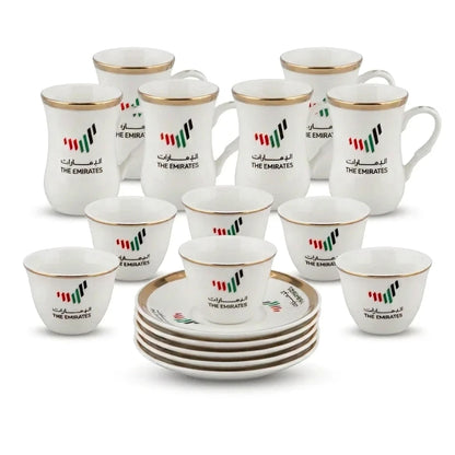 UAE national 18 pieces fine porcelain tea and coffee set – 6 Tea Cups, 6 Saucers & 6 Arabic Coffee Cups | White, Gold Rimmed UAE Design