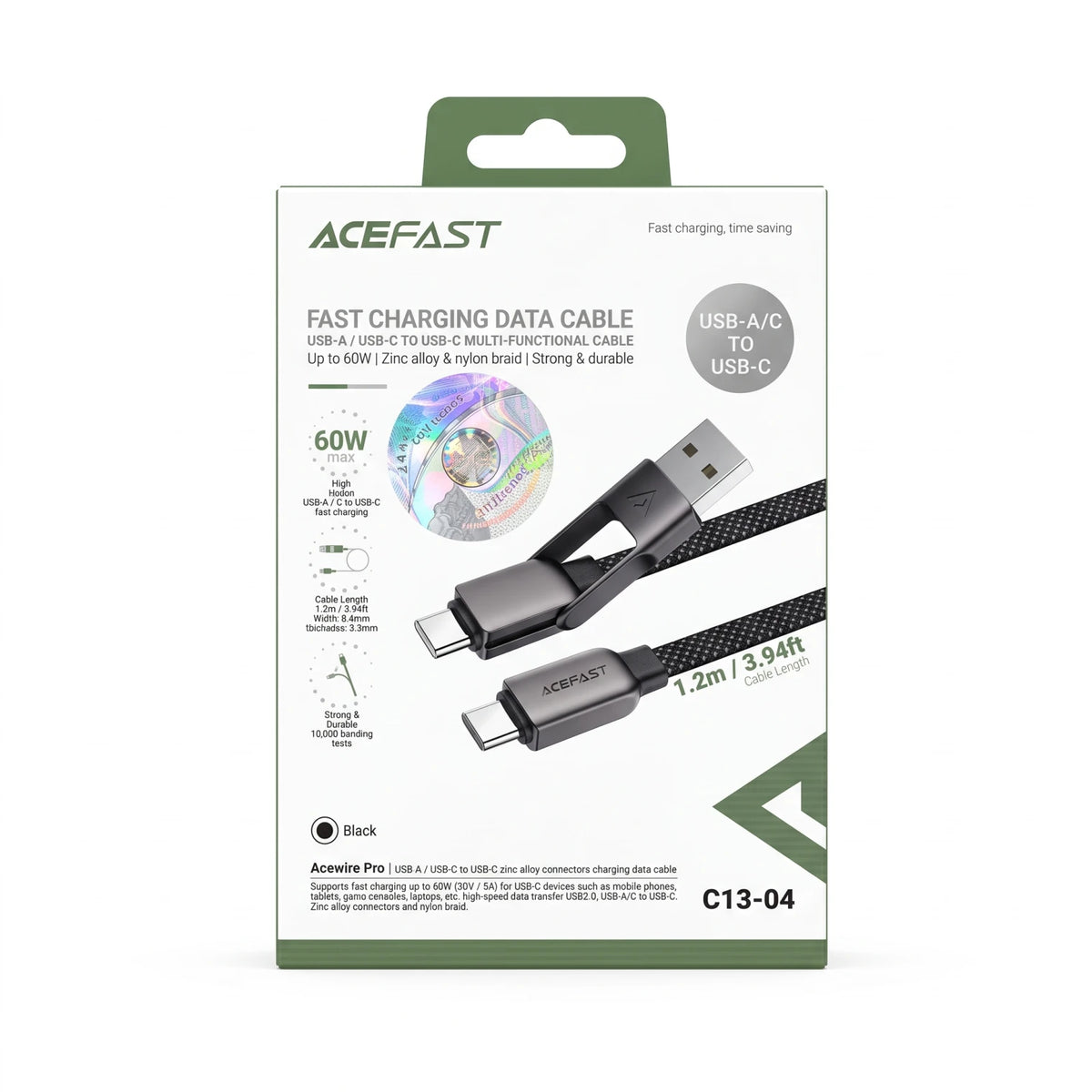 ACEFAST Acewire Pro C13-04 USB-A/USB-C to USB-C Cable 1.2m – 60W Fast Charging, USB 2.0 Data Transfer, Nylon Braided Black Cable