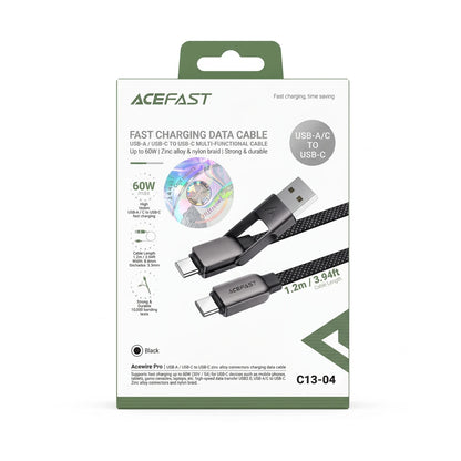 ACEFAST Acewire Pro C13-04 USB-A/USB-C to USB-C Cable 1.2m – 60W Fast Charging, USB 2.0 Data Transfer, Nylon Braided Black Cable