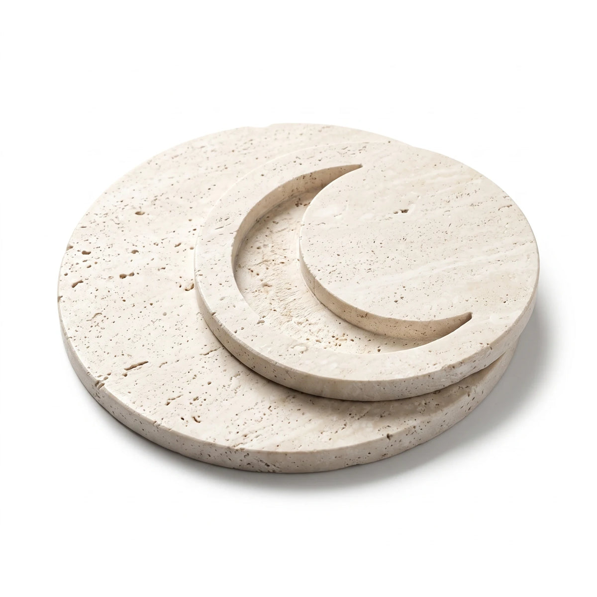 Round & Hilal Natural Travertine Stone Coaster – 2-Piece Set | Cream Tone | Textured Surface | 2cm x 22cm x 28cm