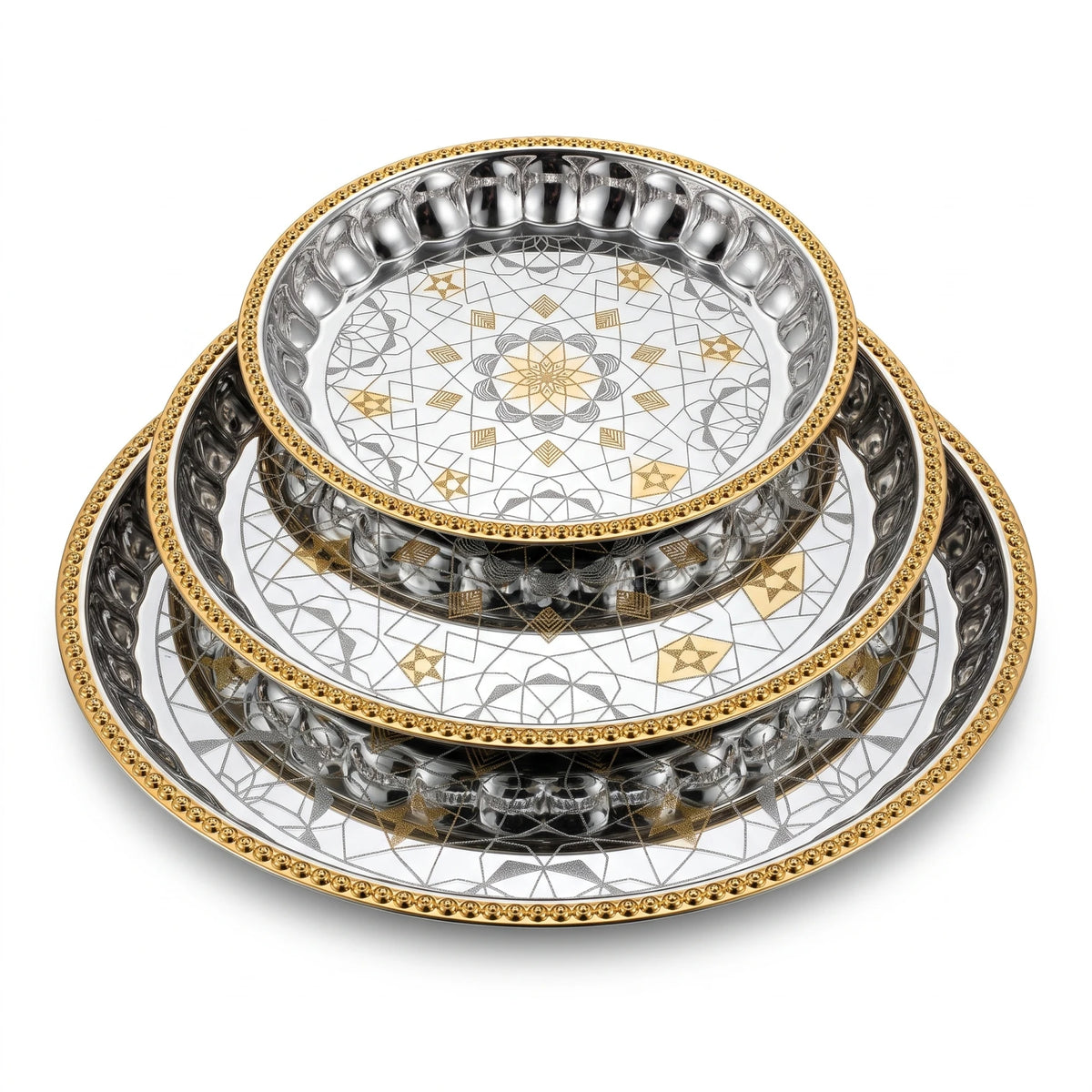 ARGTE Premium 3-Piece Round Serving Trays Set – Silver Mirror Patterns | Gold-Beaded Rim Accents | 25cm, 35cm & 45cm