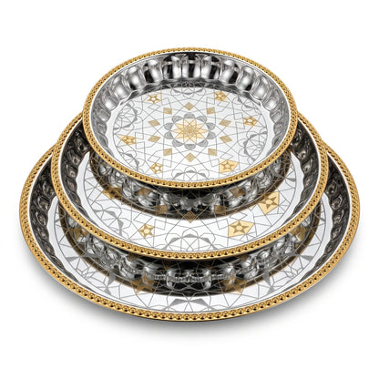 ARGTE Premium 3-Piece Round Serving Trays Set – Silver Mirror Patterns | Gold-Beaded Rim Accents | 25cm, 35cm & 45cm