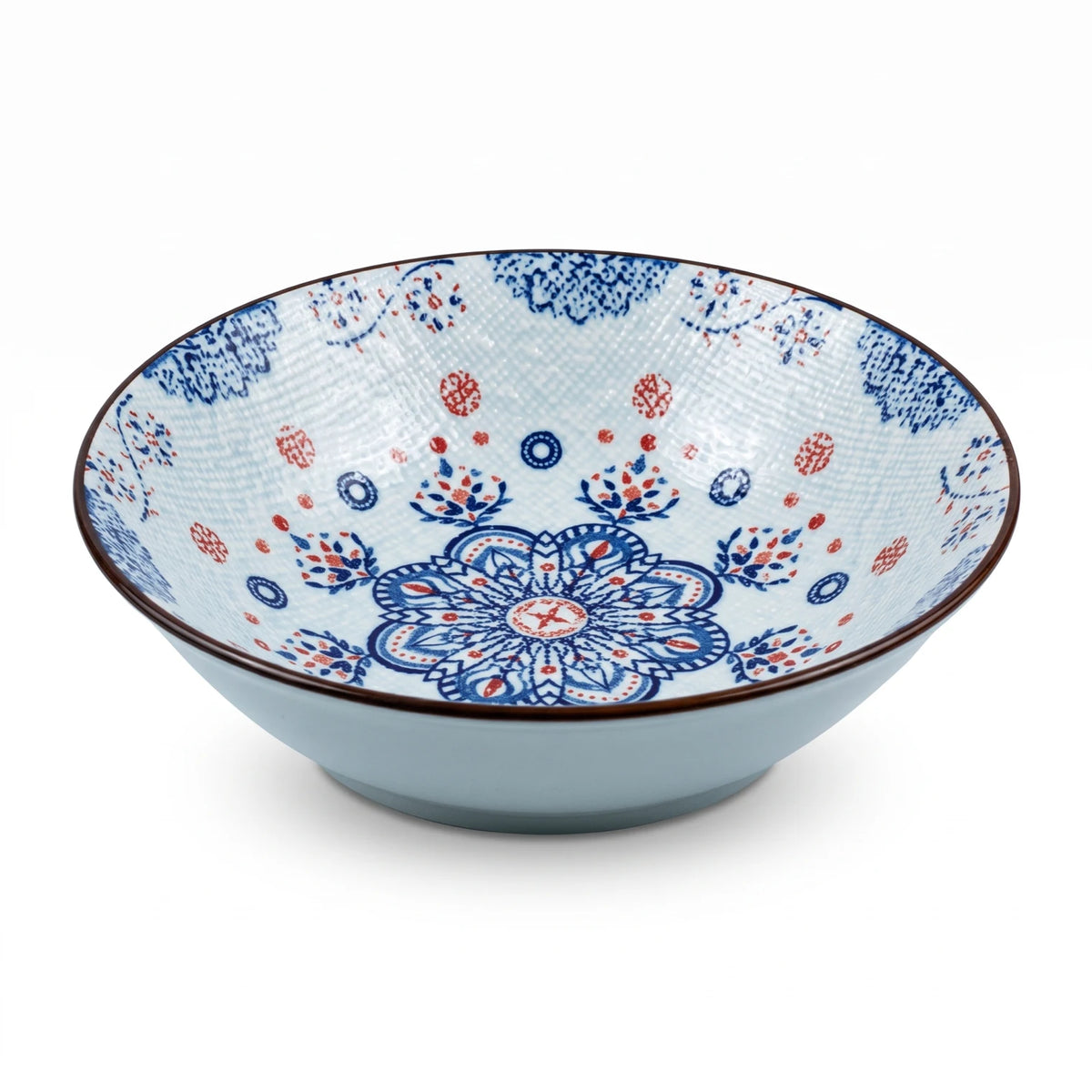22 CM Ceramic Bowl – Decorative White and Light Blue Design | Blue-and-Red Floral Pattern and Glossy Finish