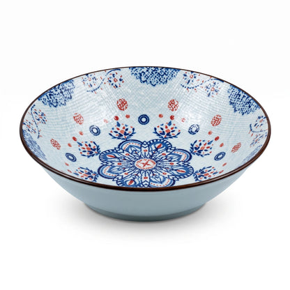 22 CM Ceramic Bowl – Decorative White and Light Blue Design | Blue-and-Red Floral Pattern and Glossy Finish