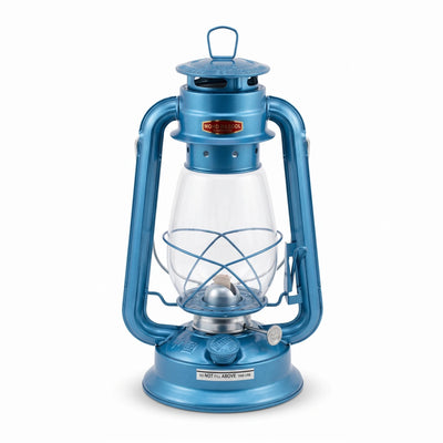 MOHD RASOOL Hurricane Lantern – 30 x 14 x 18cm | Blue Metal Frame | Clear Glass Globe | Protective Wire Guard | Liquid-Fuel Camping Light