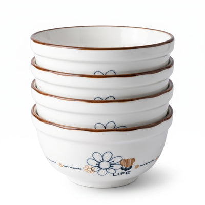 4-Pieces White Ceramic Bowls with Brown Painted Rim and Floral Daisy Motif – Set of 4 Shallow Round Tableware Bowls