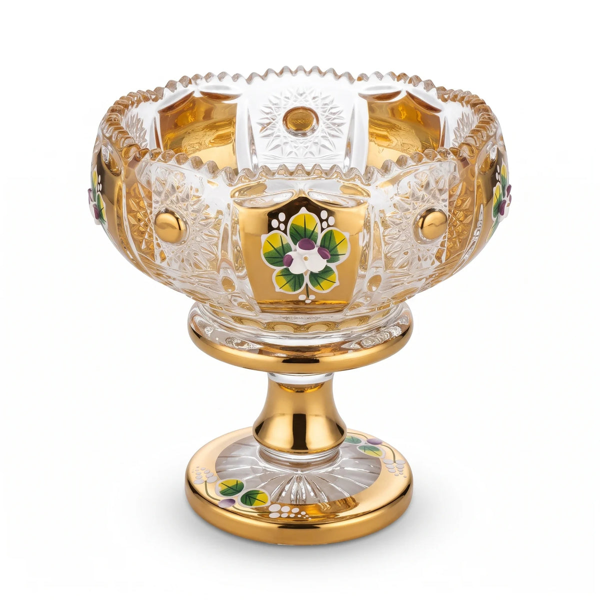 M.E.W Ornate Gold-Painted Floral Enamel Glass Candy Bowl – 14 cm Pedestal Dish with Scalloped Rim and Decorative Cut-Glass-Style Pattern