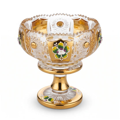 M.E.W Ornate Gold-Painted Floral Enamel Glass Candy Bowl – 14 cm Pedestal Dish with Scalloped Rim and Decorative Cut-Glass-Style Pattern