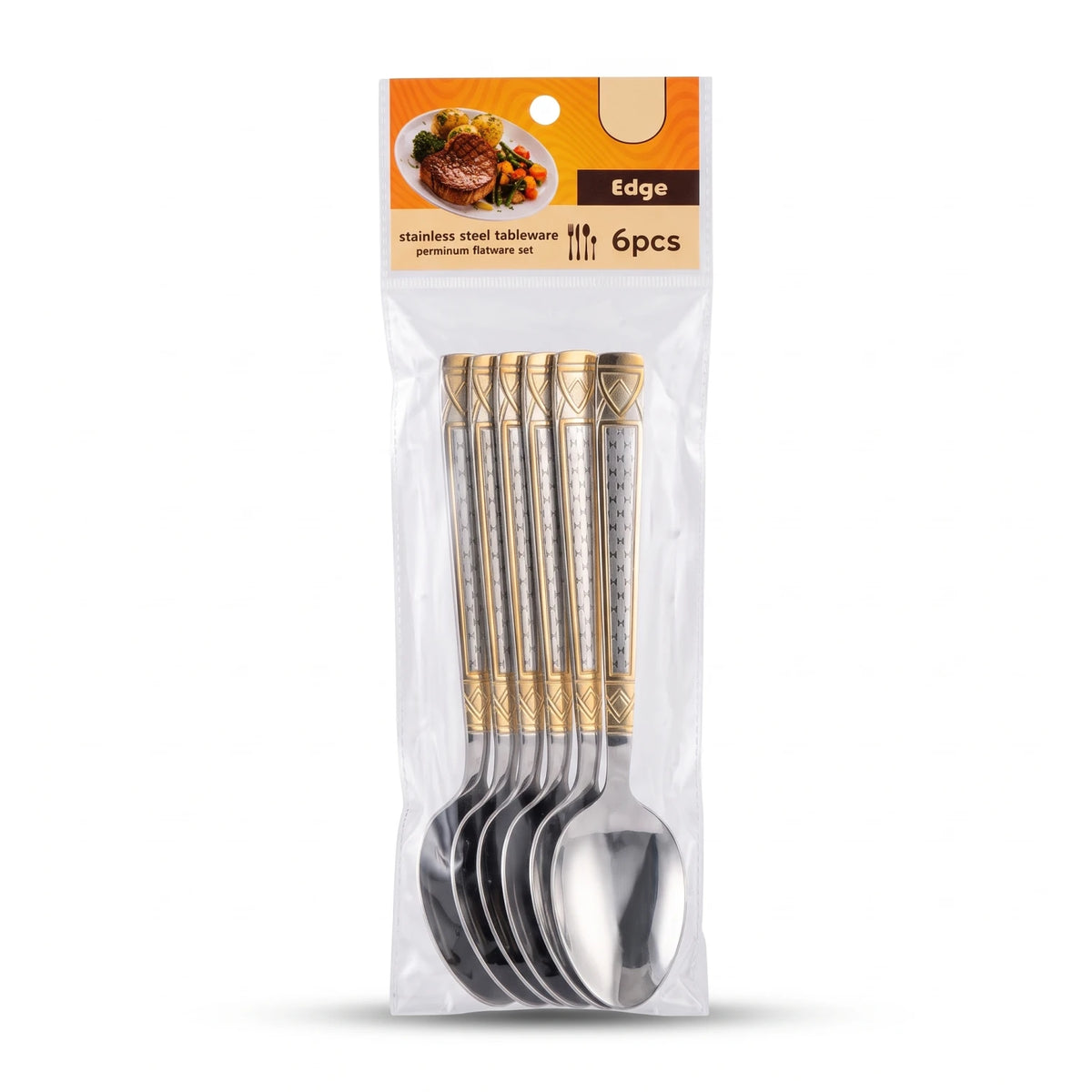 6 Pieces Stainless Steel Dinner Spoon Set – Silver and Gold-Tone Decorative Handles | Table Cutlery for Dining