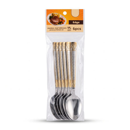 6 Pieces Stainless Steel Dinner Spoon Set – Silver and Gold-Tone Decorative Handles | Table Cutlery for Dining