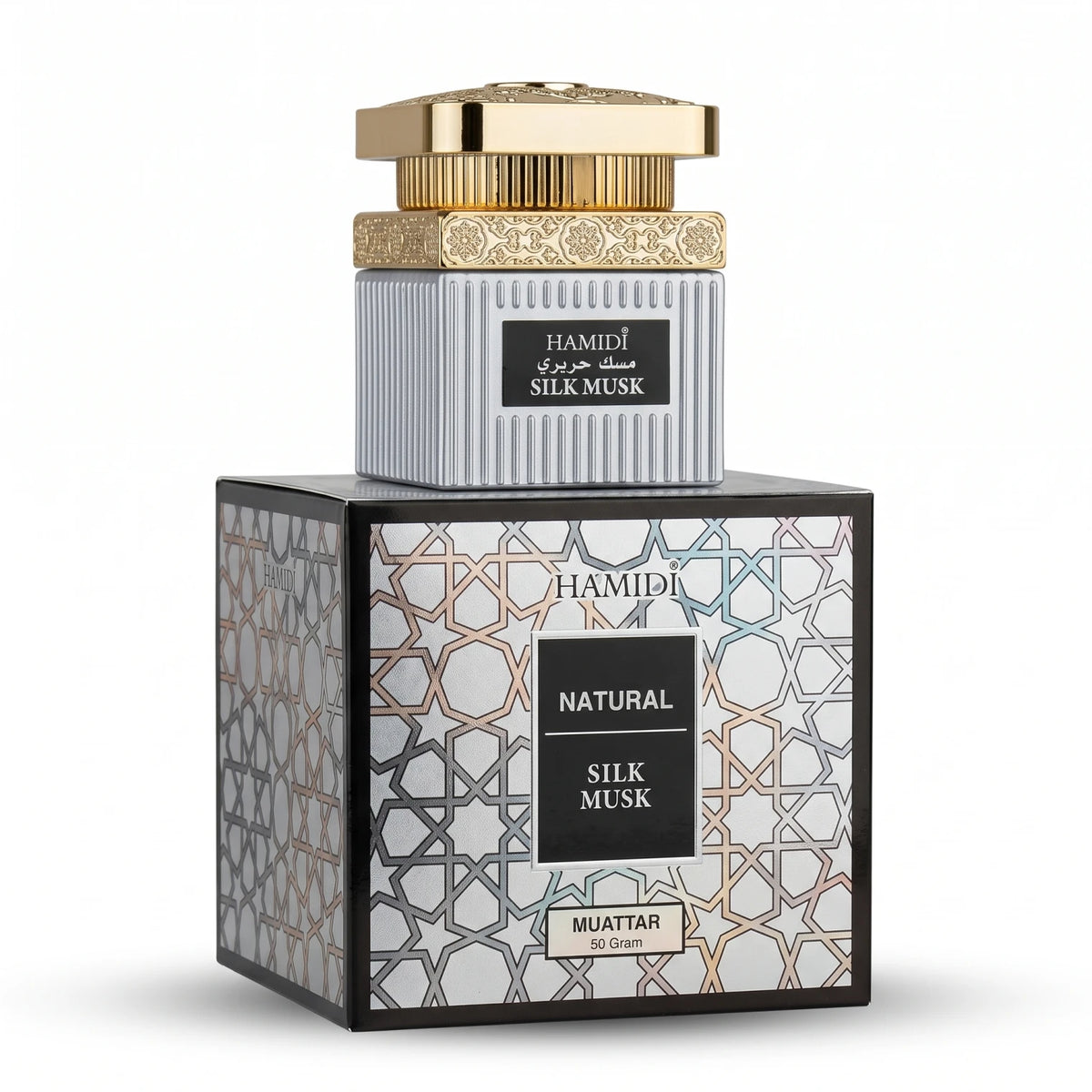 HAMIDI SILK MUSK Natural Muattar – 50 grams | Silk Musk Fragrance Perfume with Ornate Silver and Gold Packaging