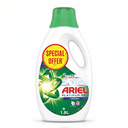 Ariel Platinum Gel Liquid Laundry Detergent Original 1.8 Liters – Up to 5X Stain Removers, Automatic Washing, 18 Washes