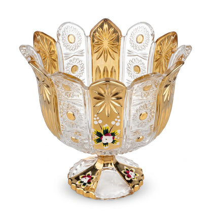 M.E.W Elegant Glass Candy Bowl – 14 cm Gold Panel Design with Raised Floral Enamel, Decorative Sweet Serving Bowl for Candies and Chocolates
