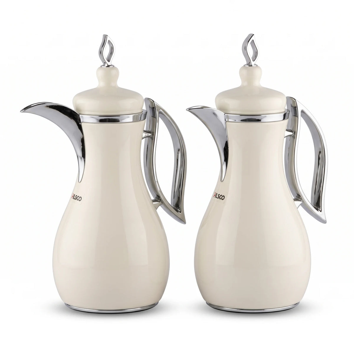 Pilsco 2-Piece Cream White & Silver Vacuum Flask Set – 1.0L + 1.0L | Arabic Design | Stainless Steel | Leak Proof