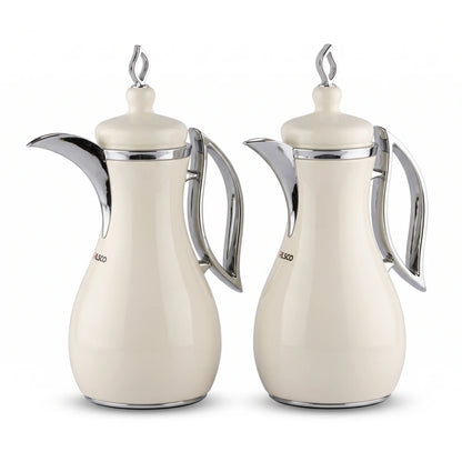 Pilsco 2-Piece Cream White & Silver Vacuum Flask Set – 1.0L + 1.0L | Arabic Design | Stainless Steel | Leak Proof