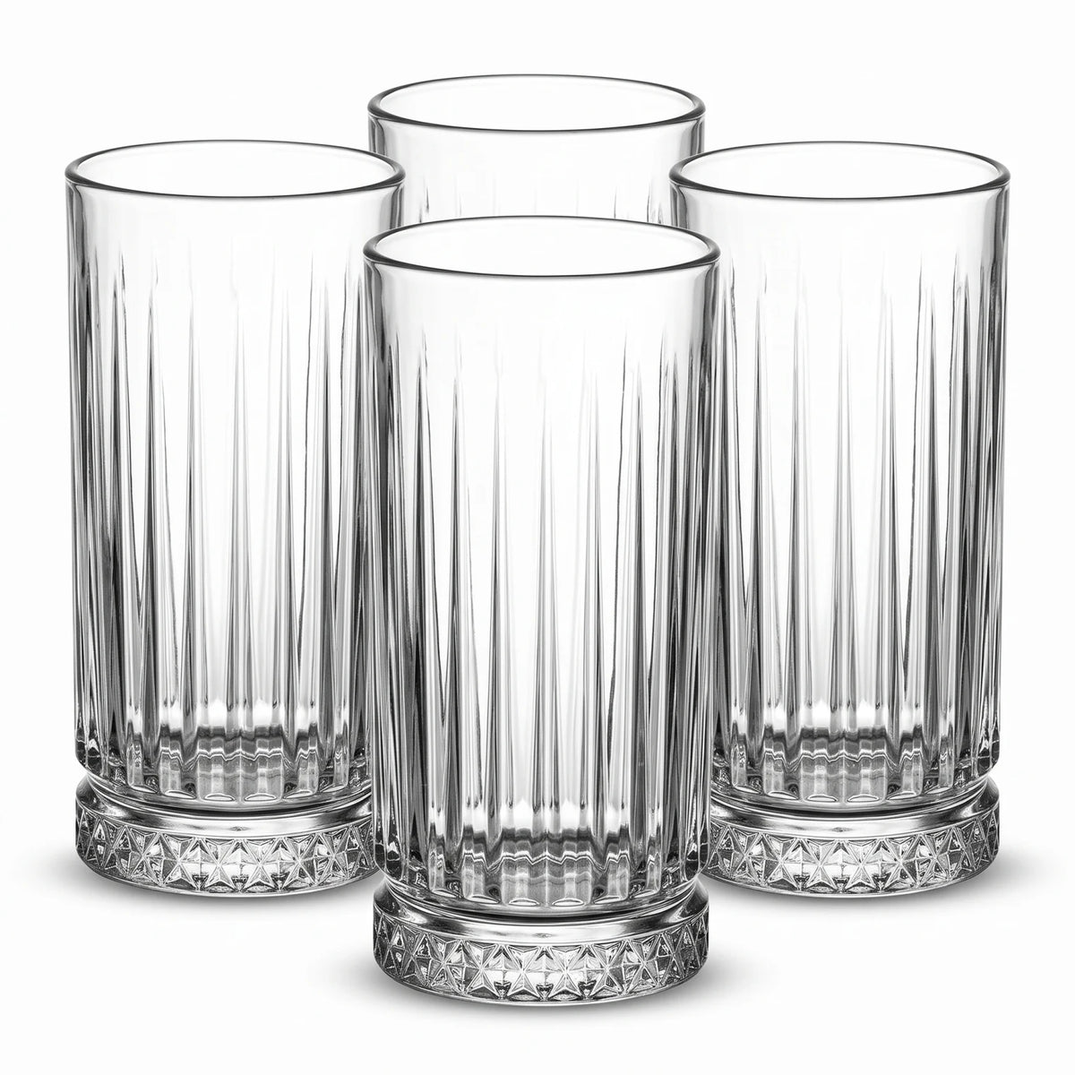 Pasabahce Elysia High Quality 4-Piece Glass Set, 435 CC Clear Tumblers | Ribbed Fluted Sides & Faceted Bases for Everyday Drinks and Table Serving