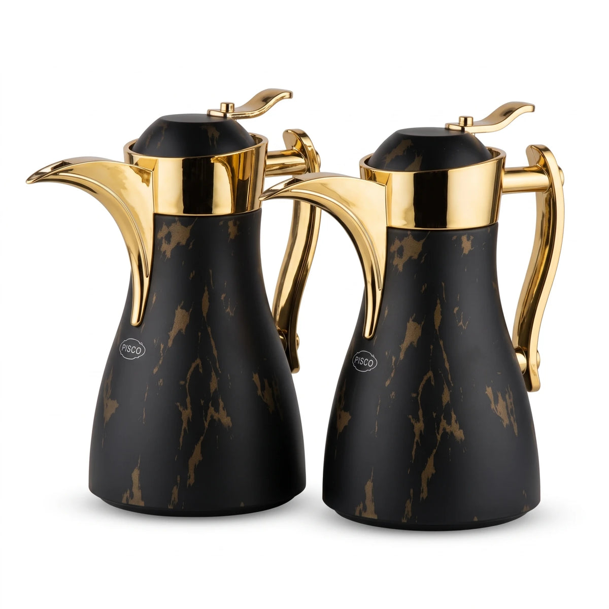 PISCO Pil Insulated Beverage Carafe – Black and Gold Marbled Design with Handle, Spout and Hinged Lid