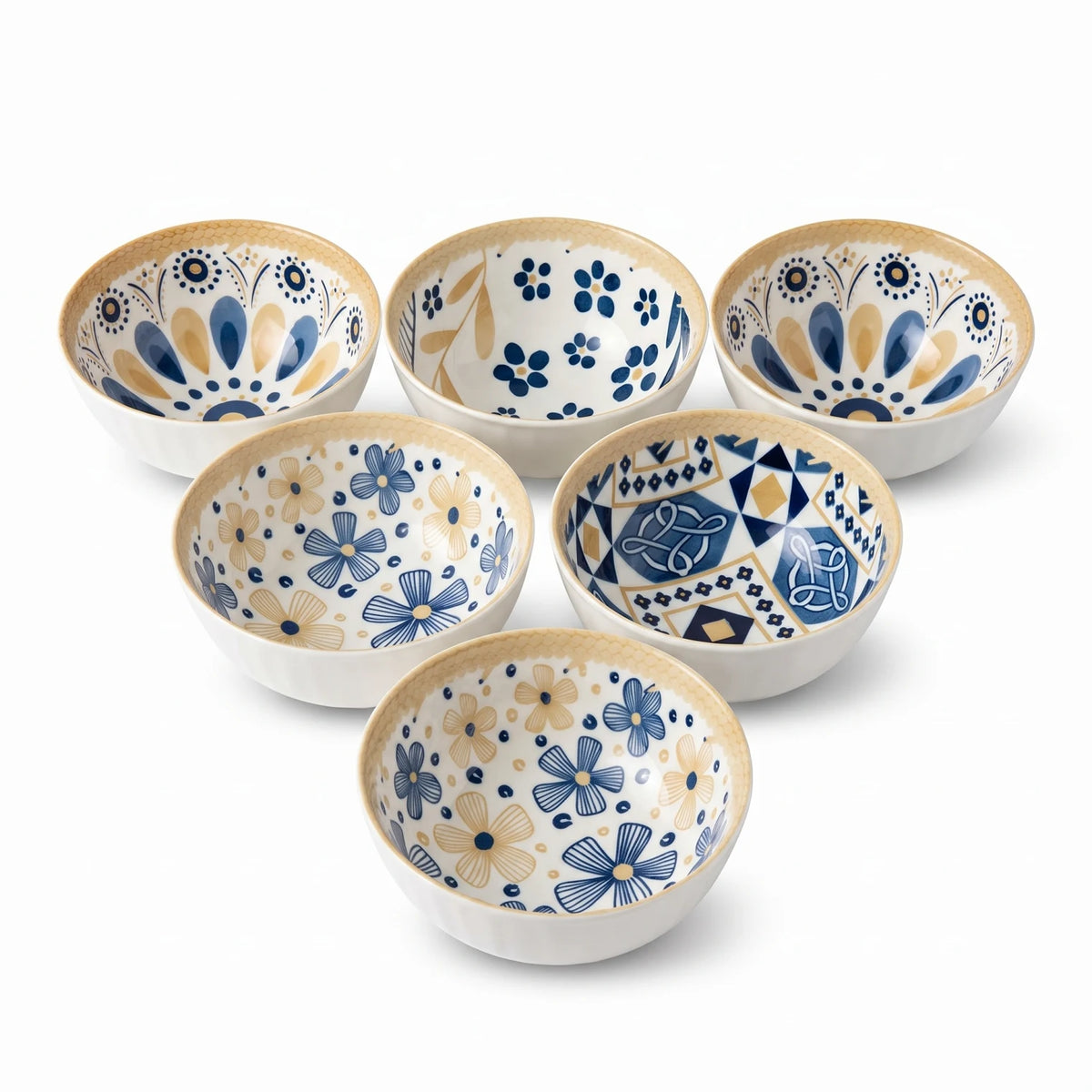 6-piece Ceramic Bowls Set Blue and Yellow Floral and Andalusian Pattern | Glossy Round Serving Tableware Bowls