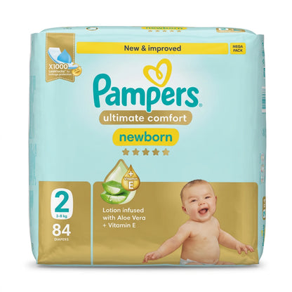 Pampers Newborn Ultimate Comfort Size 2, 3–8 kg, 84 Diapers Mega Pack | Aloe Vera & Vitamin E Lotion | X1000 Leaklocks Protection