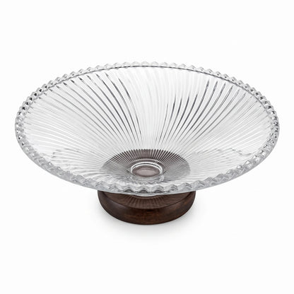 Premium Glass Fruit Platter with Radiant Ribbed Design – 25 x 25 x 9 cm, Dark Wood Pedestal Base, Decorative Serving Dish
