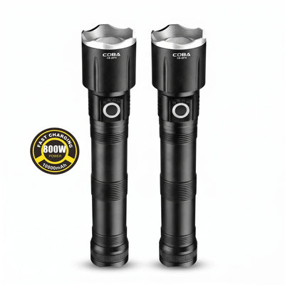 COBA LED aluminium alloy flashlight (2pcs) – Black 23cm Fast-Charging Torch with 800W Power, 10800mAh Marking and Ribbed Grip
