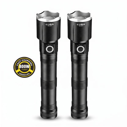 COBA LED aluminium alloy flashlight (2pcs) – Black 23cm Fast-Charging Torch with 800W Power, 10800mAh Marking and Ribbed Grip