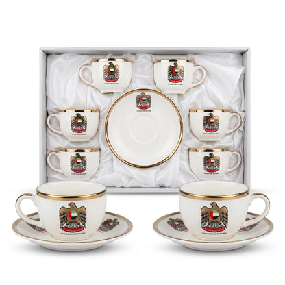 HAFIT Ceramic 12-Piece Cups and Saucers Set – 6 Cups & 6 Saucers | White Glossy Finish with Gold Trim, UAE Emblem, Presentation Box