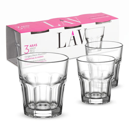 LAV 3 Pieces Glass Set – 200 CC Clear Tumblers, 82 mm Height, Dishwasher Safe, Thick Base, Made in Turkey