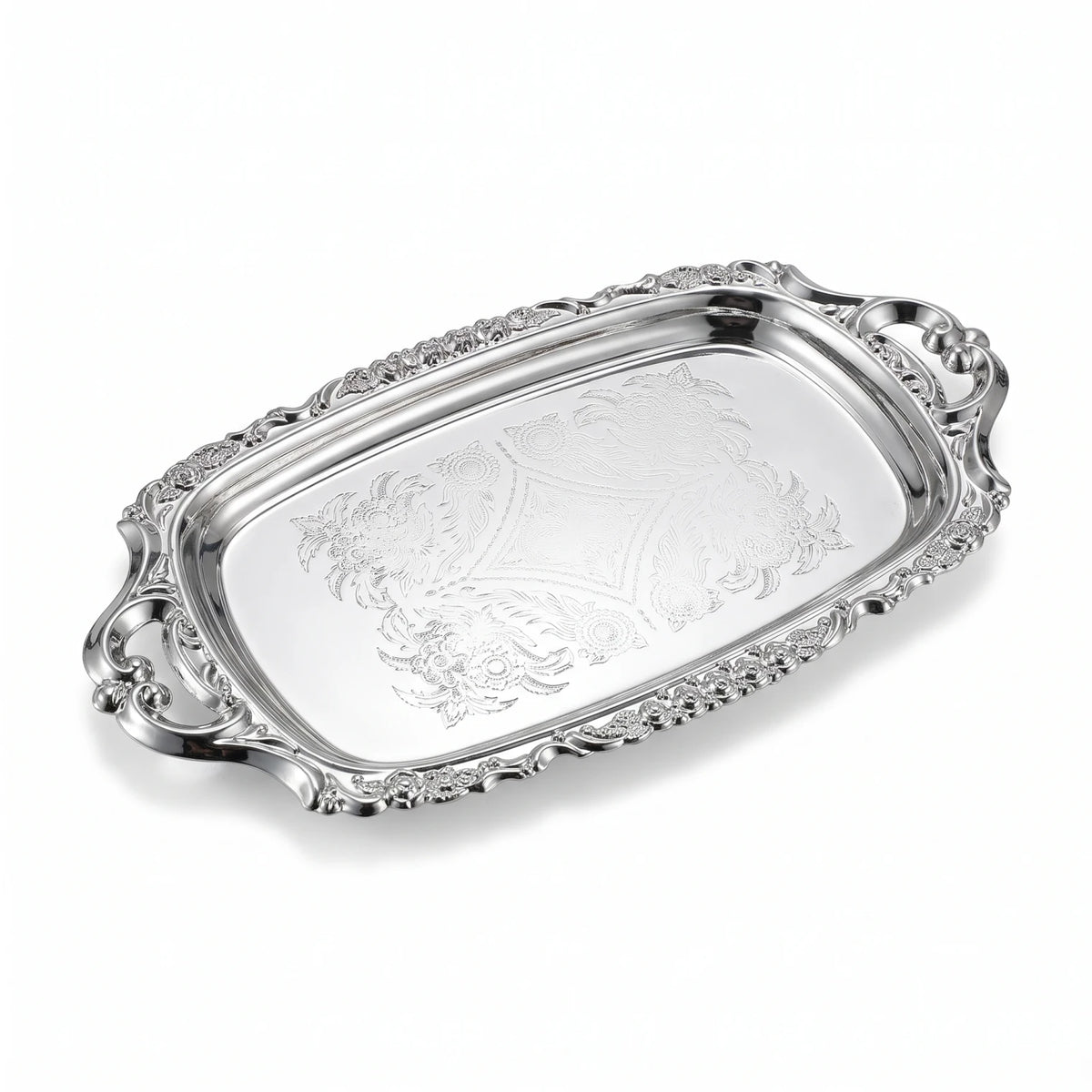 Ornate Silver-Plated Rectangular Serving Tray – 21 x 11 x 1 cm | Decorative Handles and Embossed Floral Center