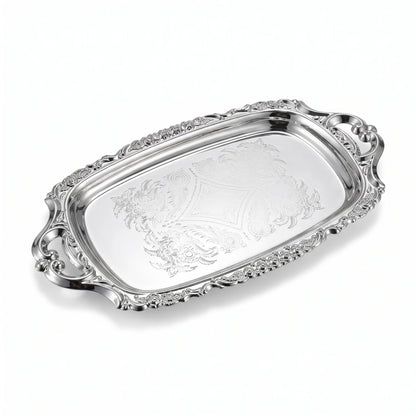 Ornate Silver-Plated Rectangular Serving Tray – 21 x 11 x 1 cm | Decorative Handles and Embossed Floral Center