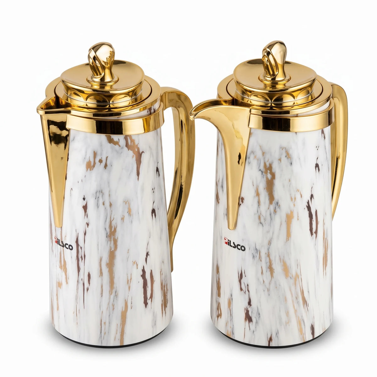 Pilsco 2-Piece White Marble Gold Delux Vacuum Flask Set – 1L Each | Arabic Design | Stainless Steel | Leak-Proof Tea & Coffee Flasks
