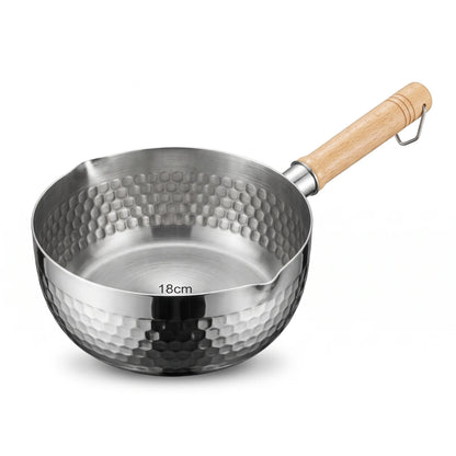 18 CM Stainless Steel Sauce Pan with Wooden Handle and Hanging Loop – Textured Exterior Japanese Cooking Pan