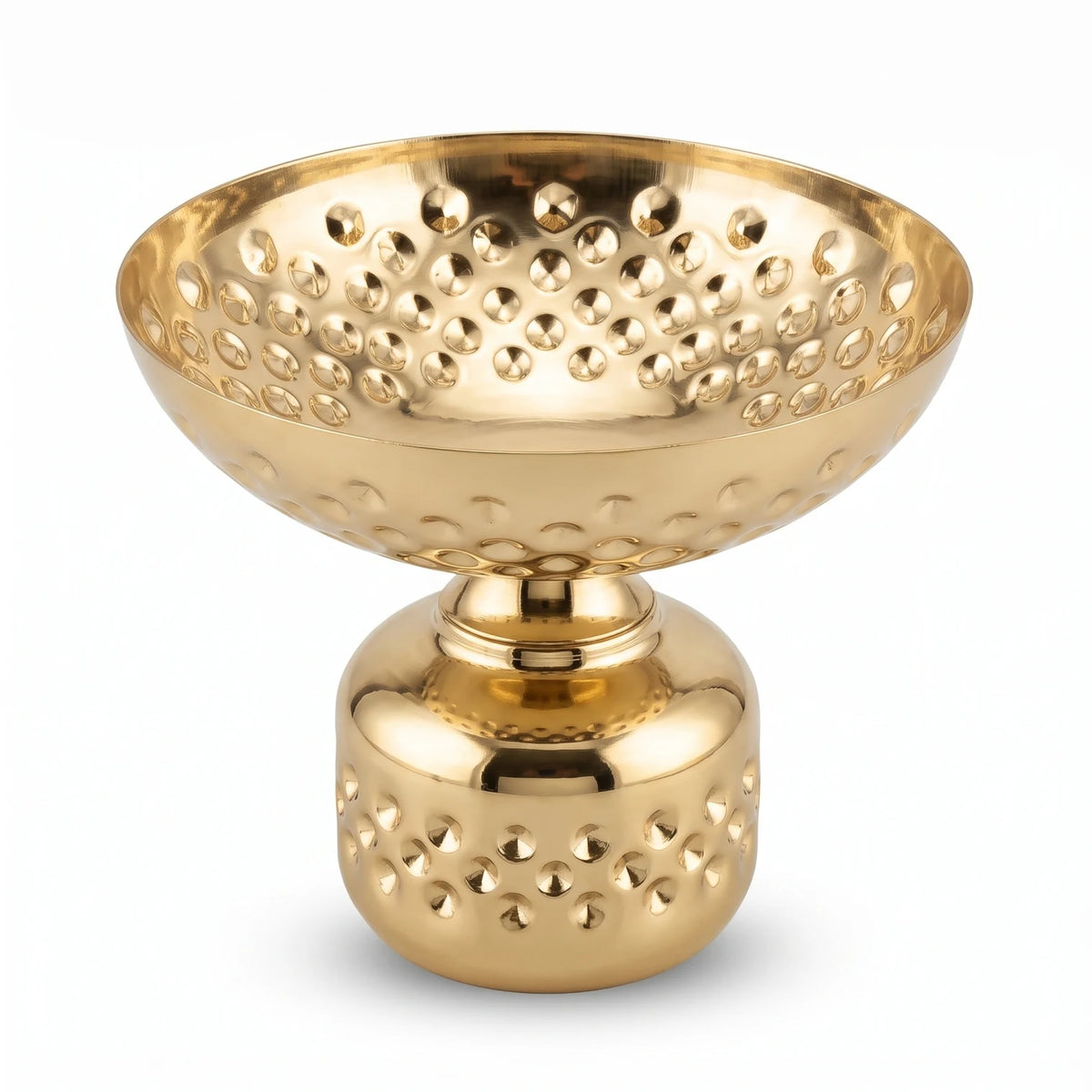 Gold-Toned Metal Decorative Bowl Small – 16 x 18 x 18 cm | Pedestal Base | Embossed Floral Pattern | Reflective Finish